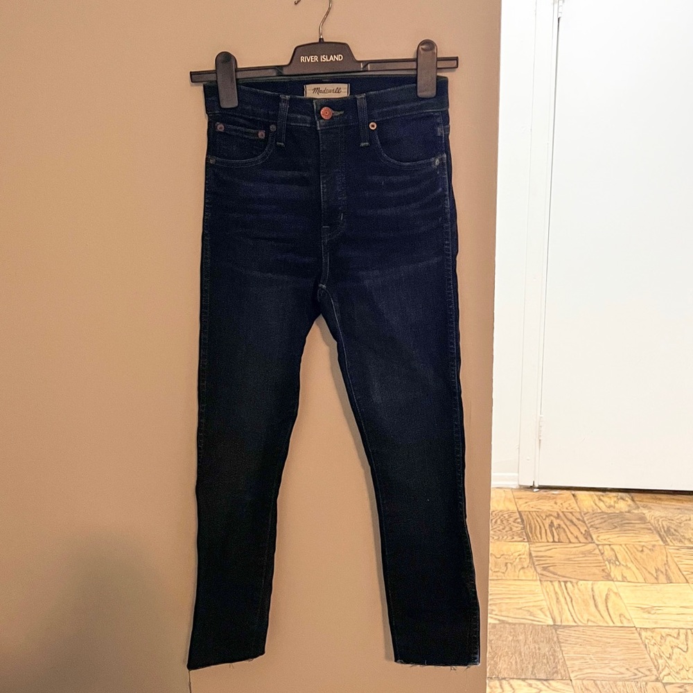 Madewell jeans, altered in length, high rise skinny, raw hem, dark wash, size 24